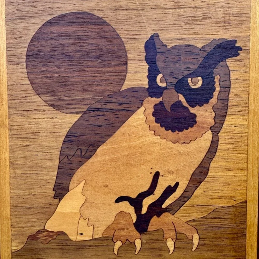 Vintage Wood Marquetry Owl Wall Art - Picture 3 of 9